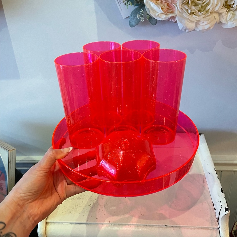 Rare Vintage 1960's Hot Pink Dayglo Sparkle 'Nordtek' Drinkware Set